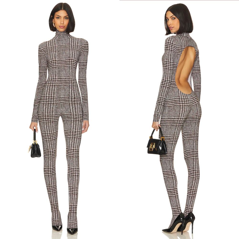NWT Norma Kamali Long Sleeve Open Back Catsuit in Chocolate Glenn Plaid Tweed